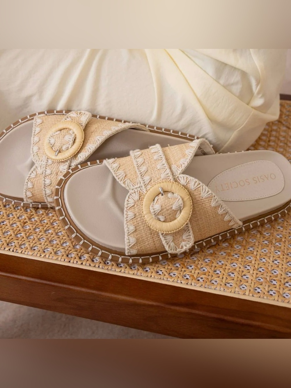 Oasis Society Sunnie Raffia Slide Sandals Women's Size 8 Natural Buckle